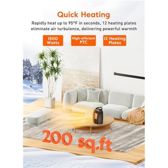 Portable Electric Space Heater, 1500W/750W Ceramic Heater with Thermostat - Picture 6 of 7